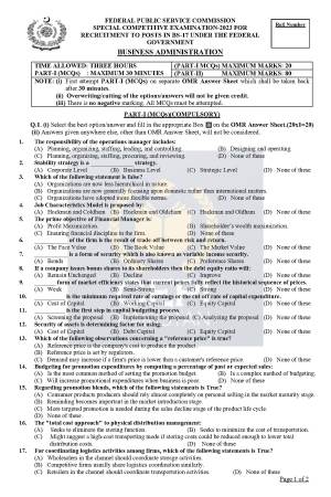 First page of Special CSS Past Paper Business Administration 2023